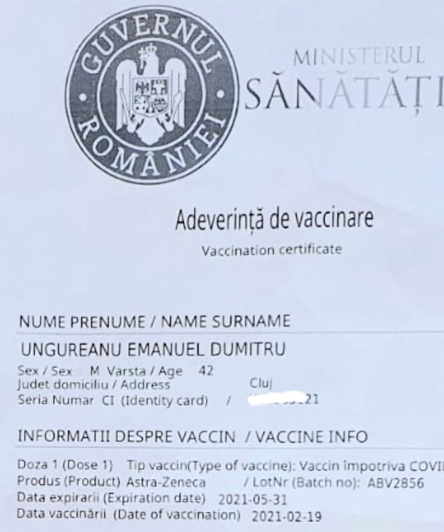 UN PARLAMENTAR DE BUZĂU ANUNȚĂ CĂ A FOST VACCINAT CU SERUL ASTRAZENECA DIN LOTUL CARE A FOST OPRIT DE LA UTILIZARE