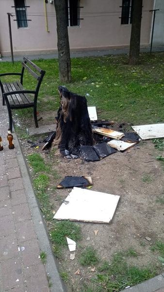 Foc de tabără, în fața blocului. Câțiva tineri au incendiat, în miez de noapte, un trunchi de copac aflat la ferestrele locatarilor