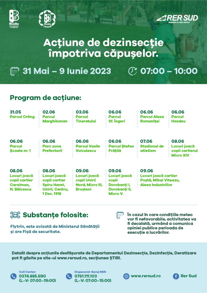 (P) Acțiune de dezinsecție împotriva căpușelor, în perioada 31 Mai – 09 Iunie 2023, organizată de RER SUD