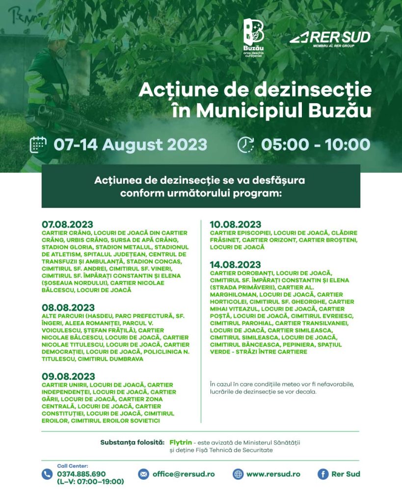(P) Continuă lupta împotriva țânțarilor și căpușelor! RER SUD anunță o nouă etapă de dezinsecție, în perioada 7 – 14 august