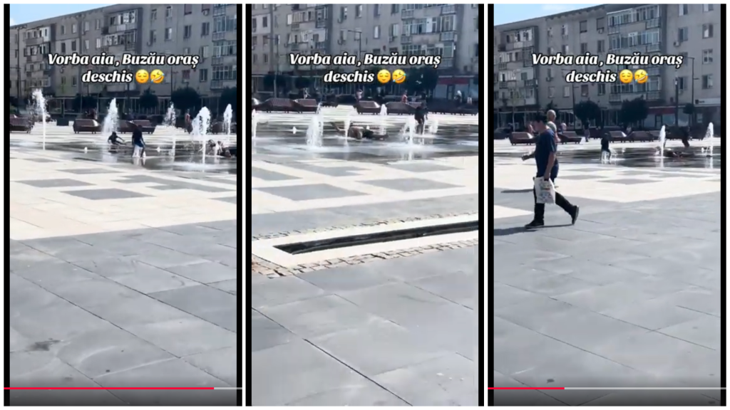 Bărbat și mai mulți copii, surprinși făcând baie în fântânile arteziene din centrul Buzăului. Imaginile au devenit virale pe TikTok